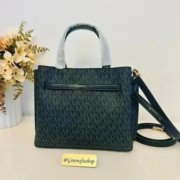 Michael Kors Emilia Small Satchel Crossbody Bag Black MK Signature - Picture 3 of 10